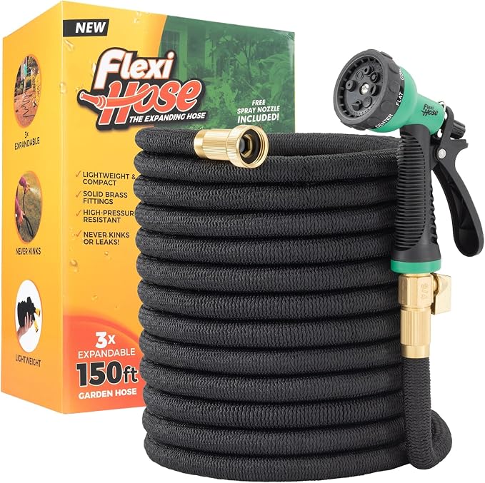 Flexi Hose Expandable Garden Hose with 8 Function Nozzle, 150FT - Lightweight Retractable Garden Hose, Water Hose - No-Kink Flexibility, 3/4 Inch Solid Brass Fittings and Double Latex Core by FlexiHose