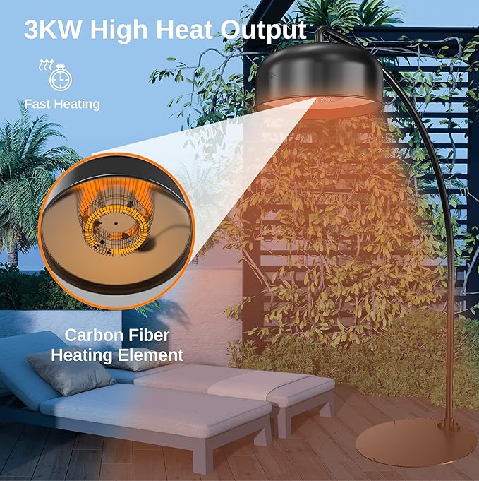 EAST OAK Patio Heater 3000W, Commercial Arch Outdoor Heater 3 Heat Settings, Tip-over & Overheat Protection, Instant Heat Electric Heater for Restaurant, Patio, Backyard, Garage, 240V Black