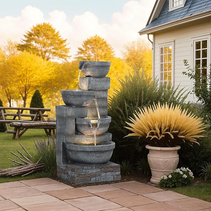 Outsunny 30" Tall Outdoor Waterfall Fountain with LED Lights, 4-Tier Resin Cascading Water Bowls with Pump, Gray