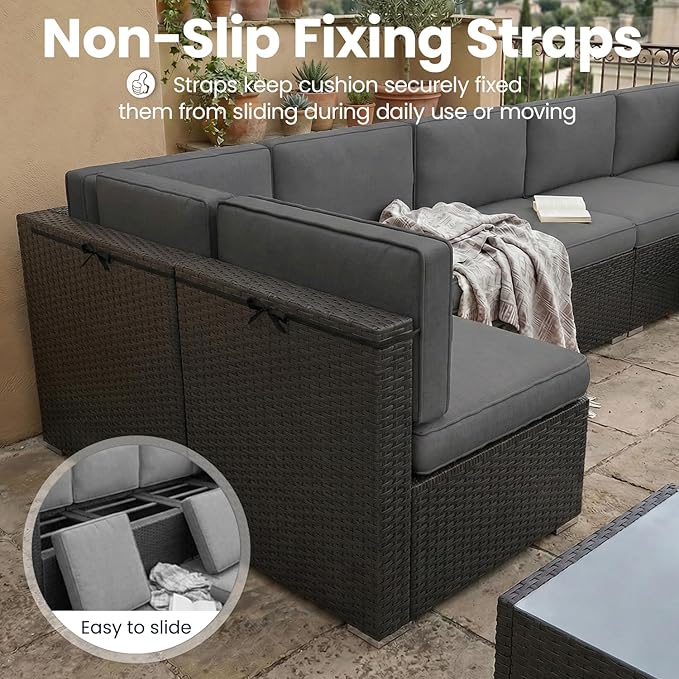6 Pieces Patio Furniture Set with 44" Propane Gas Fire Pit Table, Outdoor Sectional Wicker Conversation Sofa Sets with Coffee Table