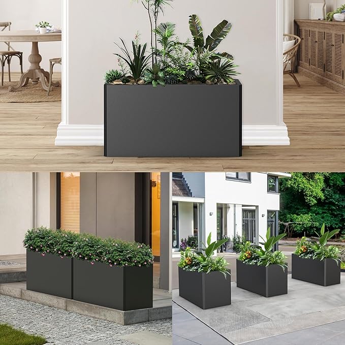 Metal Planters - Rectangular Trough, All-Weather Durable with 4 Drainage Holes, 25x11x13 Inches for Porch & Patio, Black