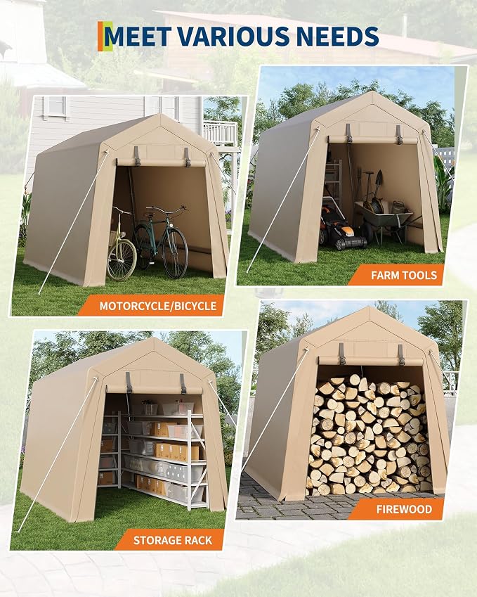 GarveeLife Portable Outdoor Storage Shed with Roll-Up Zipper Door & Vent, 240G Heavy-Duty Shelter Waterproof PE Tarp, UV-Resistant Carport for Motorcycle, Firewood, Tools (Khaki, 6'x8') - Image 4
