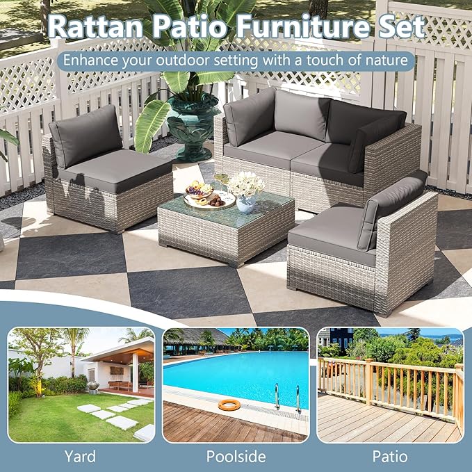 Tangkula 5-Piece Outdoor Patio Sectional Sofa Couch, PE Rattan Conversation Set w/Glass Coffee Table & Cushions, Outdoor Furniture Set w/Sturdy Metal Frame for Garden Poolside Backyard