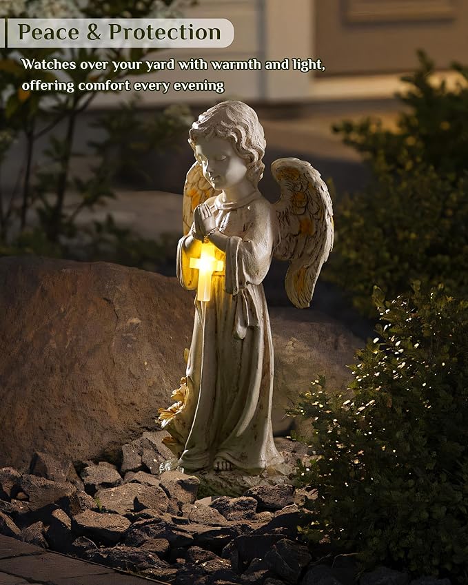 Solar Angel Statues for Outside, 12" Easter Garden Decoration, Solar Angel Figurines w/Lighted Cross for Cemetery, Yard, Pathway, Lawn Decor, Outdoor Guardian Angel for Memorial Gardens