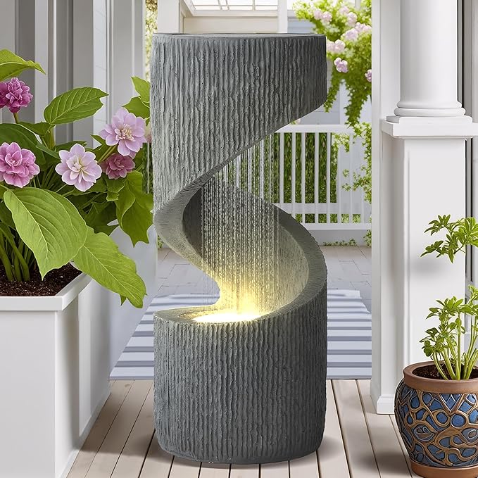MAGIC UNION Outdoor S-Shaped Water Fountain, Spiral Waterfall Indoor Fountain Outside Garden Decor with LED Lights & Pump, Curved Patio Resin Fountains for Yard, Deck, Porch and Home Decorations