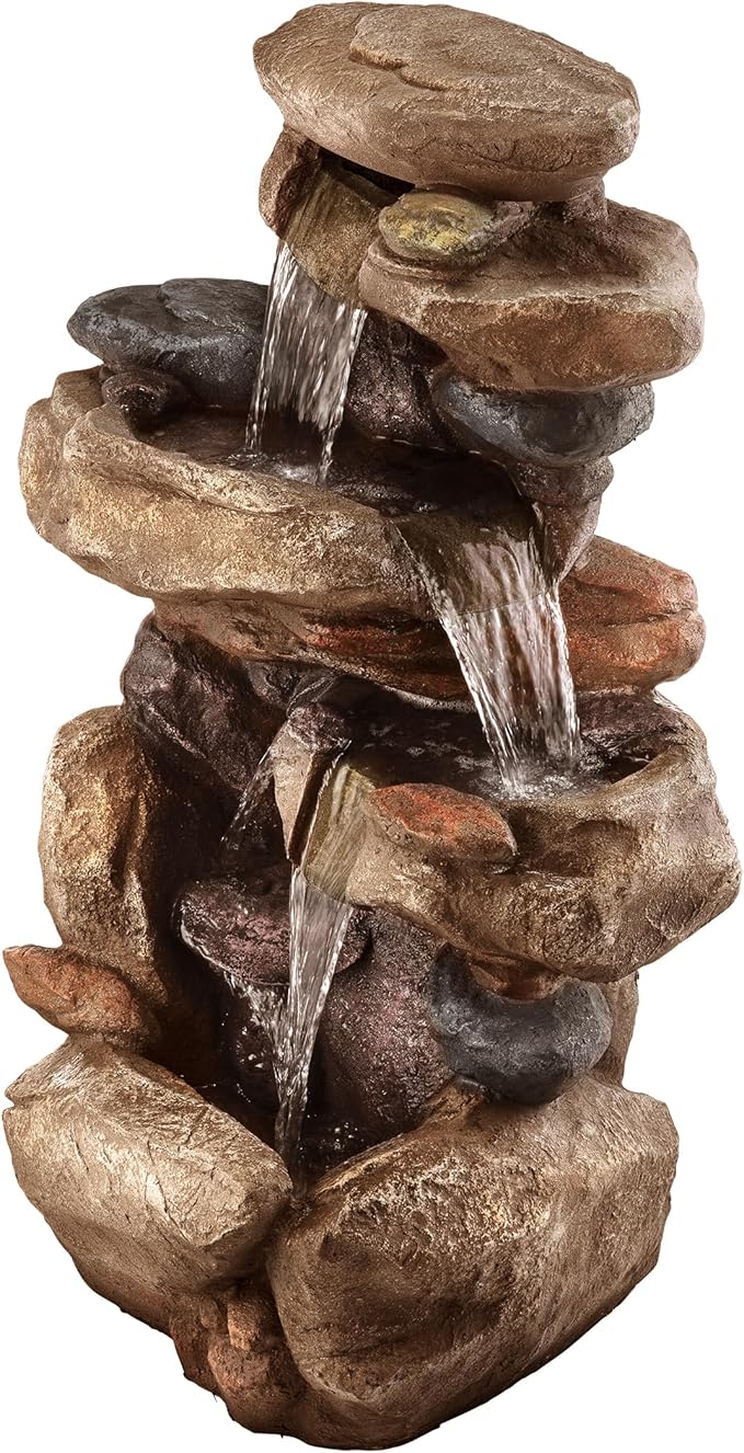 Alpine Corporation 40" Tall Floor Fountain, Tiered Rock Water Feature with Color-Changing LED & Remote, Cascading Streams for a Tranquil Garden, Patio, Yard, Deck, or Porch, Light Brown