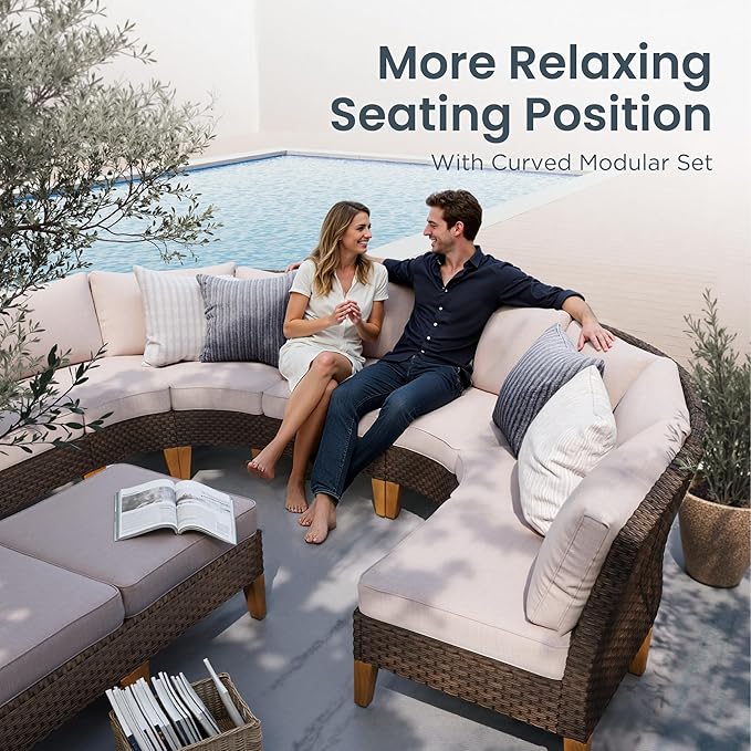 PHI VILLA 10-Piece Wicker Patio Furniture Set, Outdoor Half-Moon Curved Sectional Sofa with 4 Ottomans, 2 One Armrest Seats, 1 Armless Sofa, Large Conversation Seating for Garden or Backyard,Beige