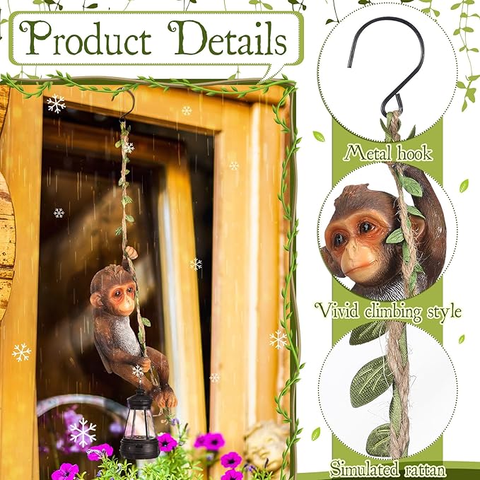 Solar Light Outdoor Monkey Statues Brown 7.48 Inch Resin Chimpanzee Baby Monkey Climbing on Vine with LED Lantern Waterproof Hanging Figurine with Hook for Yard Garden Wall