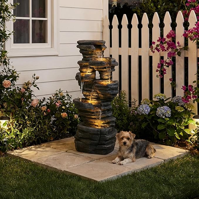 42.5" H Garden Outdoor Water Fountain with LED Lights & Pump, Mutiply-Tier Cascading Outdoor Fountain for Garden,Patio,Porch,Backyard,Home Art Decor