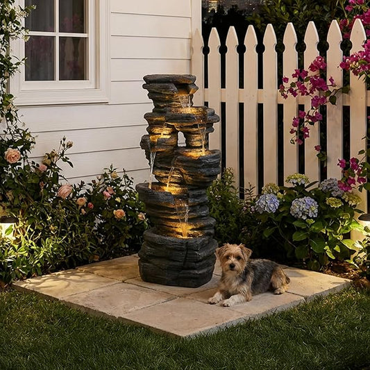 42.5" H Garden Outdoor Water Fountain with LED Lights & Pump, Mutiply-Tier Cascading Outdoor Fountain for Garden,Patio,Porch,Backyard,Home Art Decor