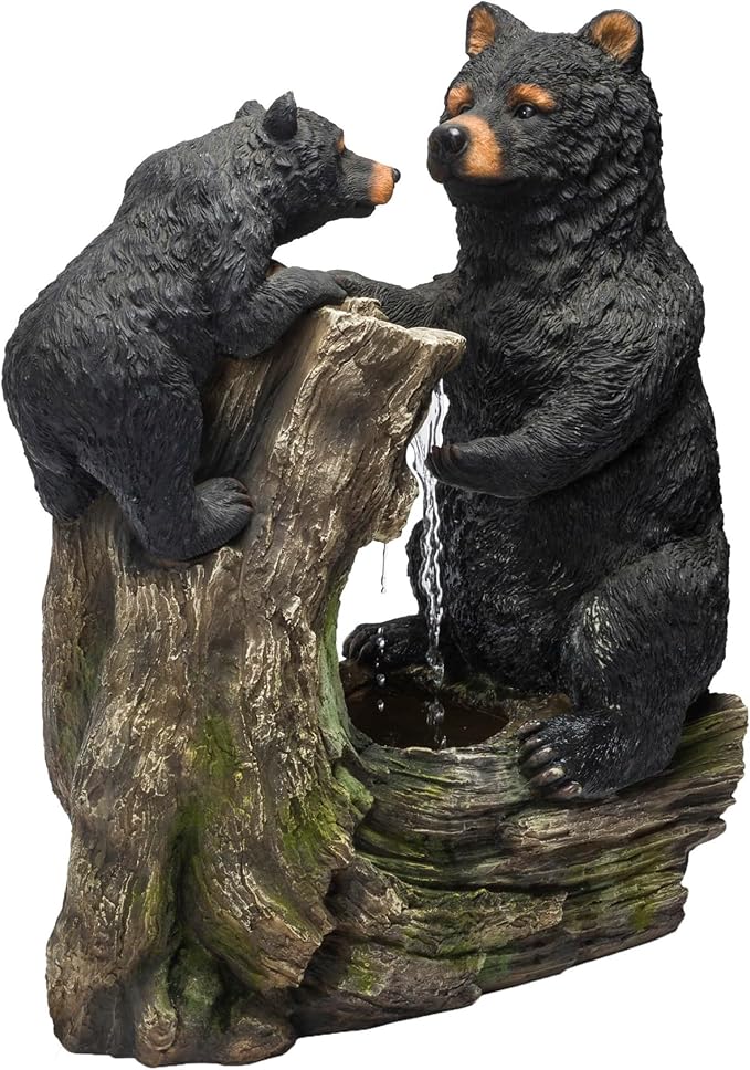 Alpine Corporation USA1132 Indoor/Outdoor Floor Bear and Cub on Log Fountain, Playful Bear and Cub Garden Fountain 26", Black