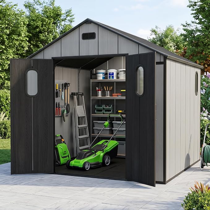 Domi 8x8Ft Resin Outdoor Storage Shed with Floor, Plastic Garden Storage Shed, Outside Weatherproof Storage Building for Tools, Bike, Lawn Mower, Patio, Backyard by domioutdoorliving