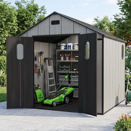 Domi 8x8Ft Resin Outdoor Storage Shed with Floor, Plastic Garden Storage Shed, Outside Weatherproof Storage Building for Tools, Bike, Lawn Mower, Patio, Backyard by domioutdoorliving