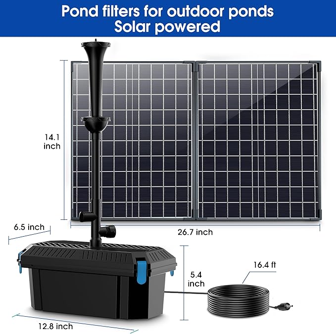 Biling Solar Pond Pump with Filter System, 44W Solar Panel, Pond Filter Box Kit, 530 GPH Water Pump for Outdoor Pond Pool Water Feature Waterfall