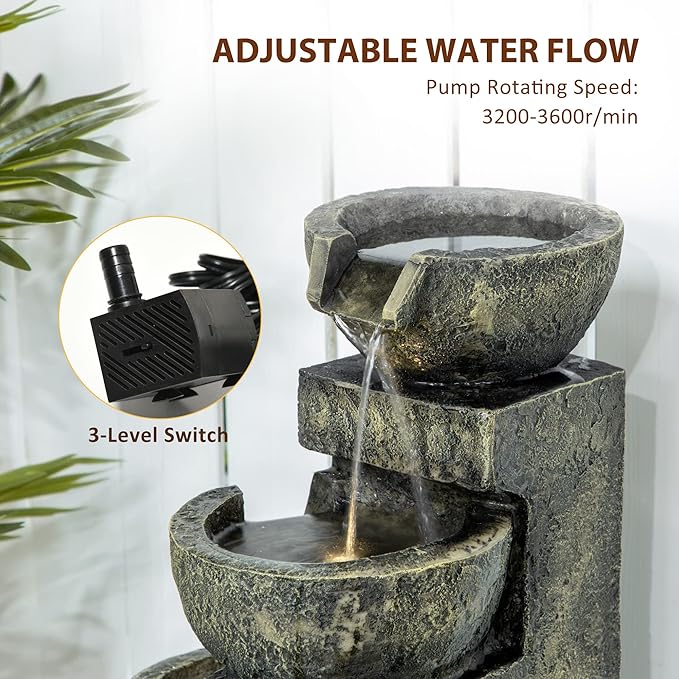 Outsunny Outdoor Fountain with 4-Tier Stacked Stone Look Bowls, Cascading Waterfall, Adjustable Flow & LED Lights, Rustic Décor for Patio, Zen Garden, Backyard, Porch, Gray