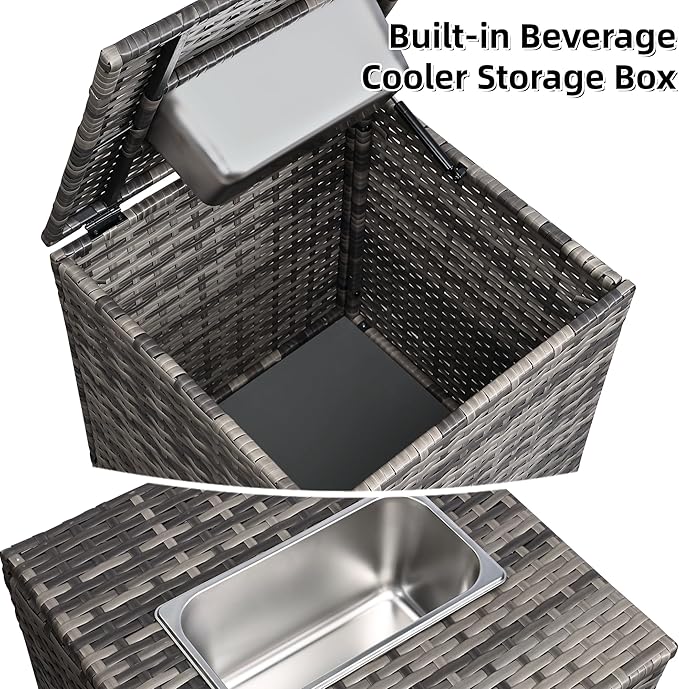 FHFO 4 Piece Outdoor Patio Furniture Set with Built-in Beverage Cooler Storage Box, Wicker Conversation Sets Patio Outdoor Loveseats & Coffee Table for Outside, Garden, Balcony, Porch, Grey/Blue