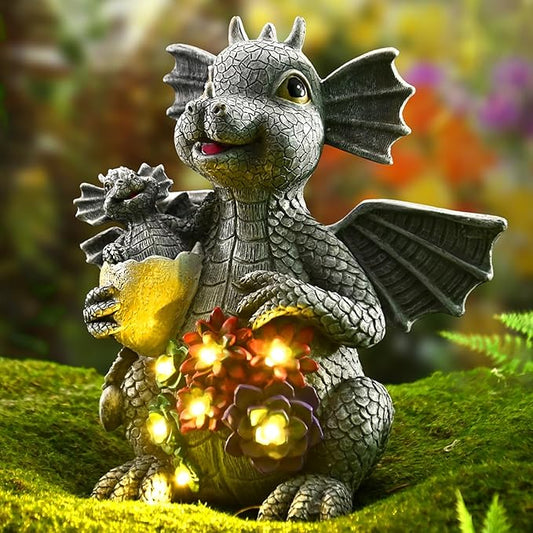 UZER Dinosaur Garden Dragon Statue Outdoor Decor for Patio, Cute Dinosaur Figurine with Solar Light, Yard Art Decoration Resin Ornament for Indoor Home Outdoor Patio Lawn,Birthday Gifts for Mom
