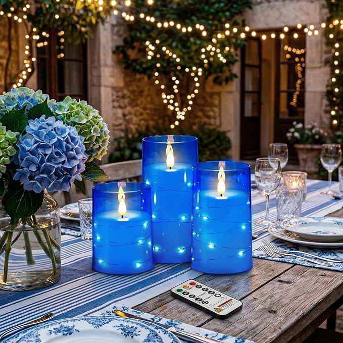 Homemory Flameless Candles with Embedded Star String Fairy Lights, Battery Operated Candles, LED Candle, Fake Candles with Remote Control and Timer, Blue, Set of 3(H 4" 5" 6?€?)