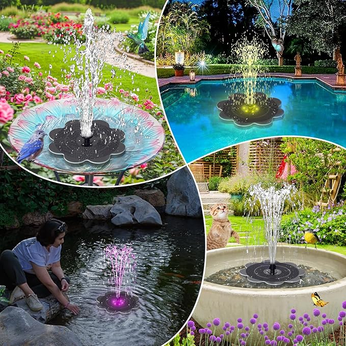 Solar Bird Bath Fountains Flower Pattern, Upgrade 3.5W Solar Water Fountain with 2000mAh Battery, Colorful Led Lights, 7 Nozzles, Hummingbird Solar Fountain for Garden, Swimming Pool, and Pond