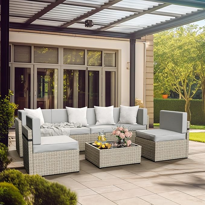 Pamapic Patio Furniture Set, 7 Pieces Modular Outdoor Sectional,Wicker Patio Sectional Sofa Conversation Set, Rattan Sofa with Coffee Table and Washable Cushions Covers, Grey Rattan(Grey Cushions)