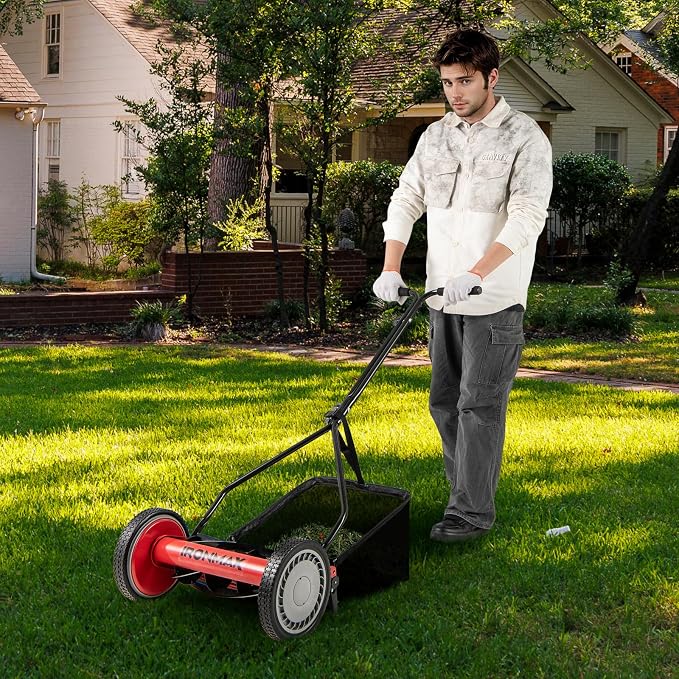 IRONMAX Lawn Mower, 14 Inch Push Reel Lawn Mower with 5 Steel Blades, Adjustable Cutting Heights, Grass Catcher Bag, Walk-Behind Manual Lawnmower for Garden Park Yard, No Motor (Red, 14 Inch) - Image 2