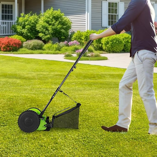 12'' Manual Lawn Mower, Adjustable Push Reel Cutter Hand-Powered Clipper Walk-Behind Trimmer with 5-Reel Design & 6-Gallon Collection Bag for Grass Leaves Debris on Lawns Courtyards by Unknown