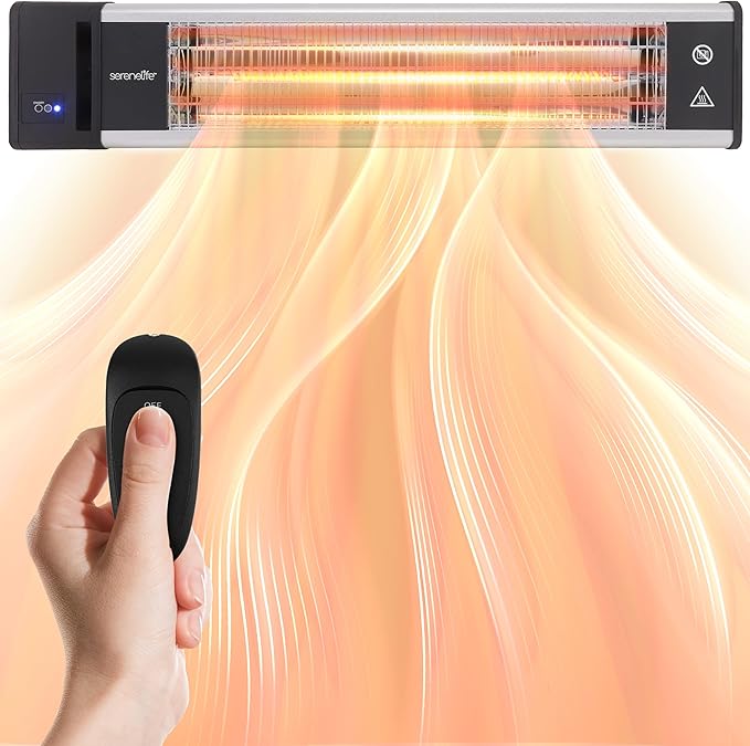 SereneLife Infrared Patio Heater, 1500W, IP65 Approved, Odorless, Wall-Mounted Heater with Remote, Indoor/Outdoor for Patio, Restaurant, Backyard, Garage, Decks