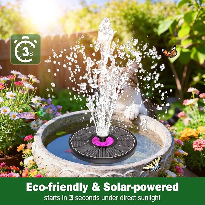 SZMP Powerful 3.5W Anti-Drift Solar Fountain for Bird Bath, Solar Powered Water Pump with 7 Nozzles, Bird Bath Fountain for Garden, Pool, Pond – Attracts Hummingbirds (Black)