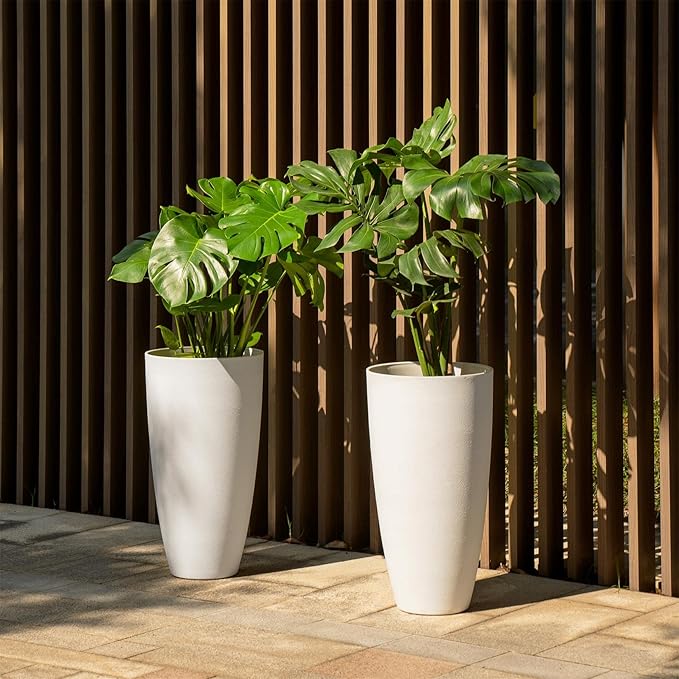 LA Jolie Muse 20 inch Round Tall Planter,Indoor/Outdoor White Planter with Drainage Holes and Trays,Modern Large Flower Pot for Front Door,Balcony and Garden Patio Deck,Pack 1