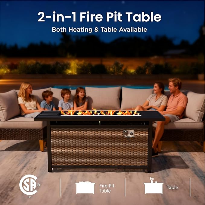 PHI VILLA 9-Piece Half Moon Patio Furniture Set with 56" Fire Pit Table, Outdoor Wicker Sectional Sofa with Thick Beige Cushions, 2 Ottomans, Large Curved Conversation Seating for Garden or Backyard