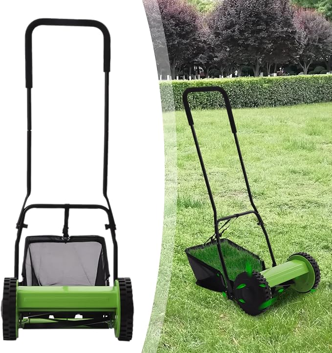 12-Inch Manual Lawn Mower, Adjustable Heights & Efficient Grass Catcher with Collection Bag Push Reel Lawn Mower Push Lawn Sweeper for Garden Yard Park (12-Inch Sweeper) - Image 4
