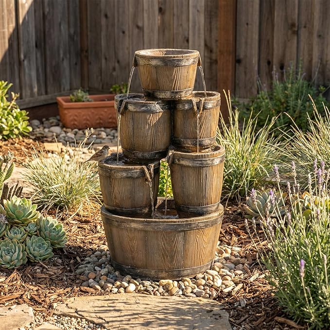 24.8" H Outdoor Water Fountain with LED Lights, 4-Tier Cascading Waterfall Fountain, Rustic Wood Barrel Resin Outdoor Water Fountain for Garden Patio Backyard Porch Indoor Decor