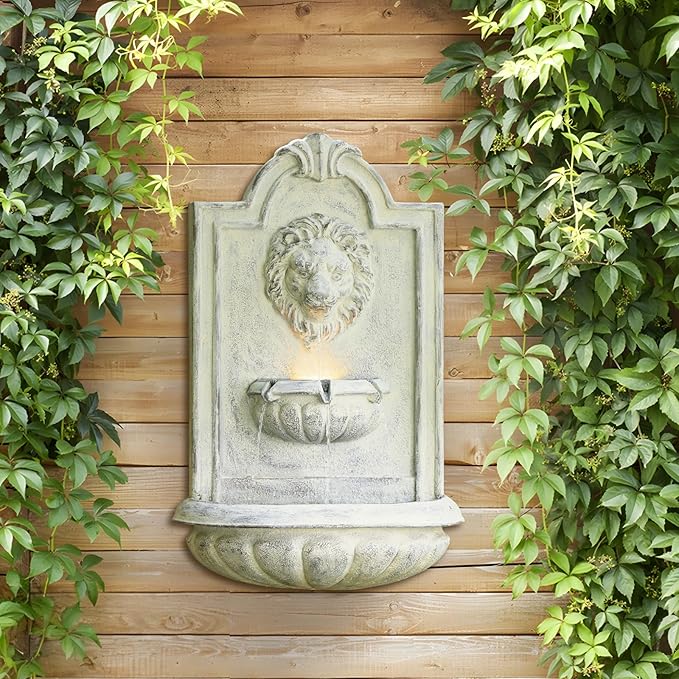 Lion Head Wall Hanging Fountain, 27.5" H Classic Outdoor Wall-Mounted Water Feature, Resin Antique Garden Wall Fountain with LED Light & Water Basin for Patio, Porch, Yard & Courtyard Décor