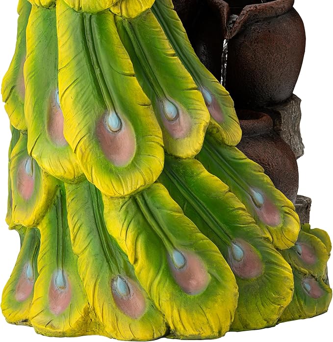 Glitzhome 4-Tier Oversized Peacock Sculpture with Jars Outdoor Water Fountain with LED Light, Resin Peacock Statue Waterfall Fountain with Submersible Pump for Garden Patio Porch, 40”H