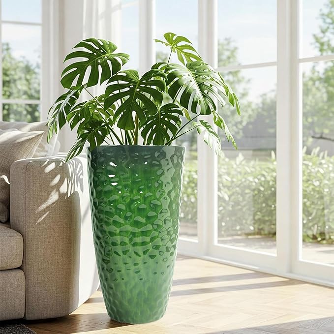 Worth 2 Pack 24" Tall Large Plastic Planter with Drainage Hole, Round Decorative Flower Plant Pit for Indoor or Outdoor Gardening, White