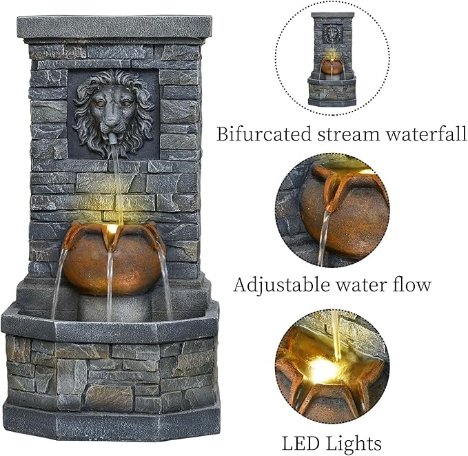 26'' Outdoor Garden Floor-Standing Water Fountain Lion Head Stone with Lights Outdoor Waterfall for Patio, Backyard, Deck, Porch and Home Art Decor