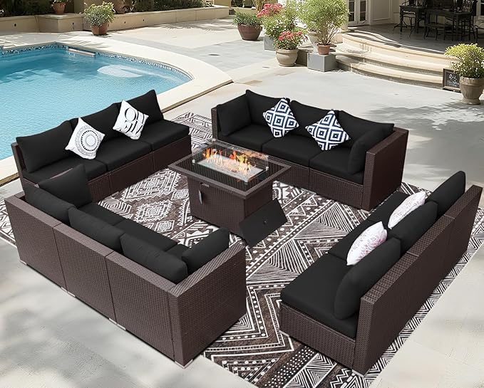 BULEXYARD 13 Piece High Back Wicker Patio Furniture Sets with Fire Pit, Elegant Oversized Outdoor Seating Set Modular, Comfy Extra Deep Wide 12-Person Sectional Couch Sofa for Backyard, Brown & Black