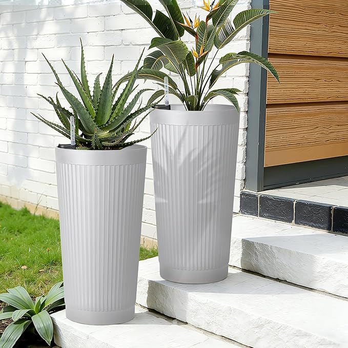 2-Pack 24in Round Plastic Planters with Self-Watering System and Vertical Ribbed Design – Perfect for Home, Patio, Garden Plants