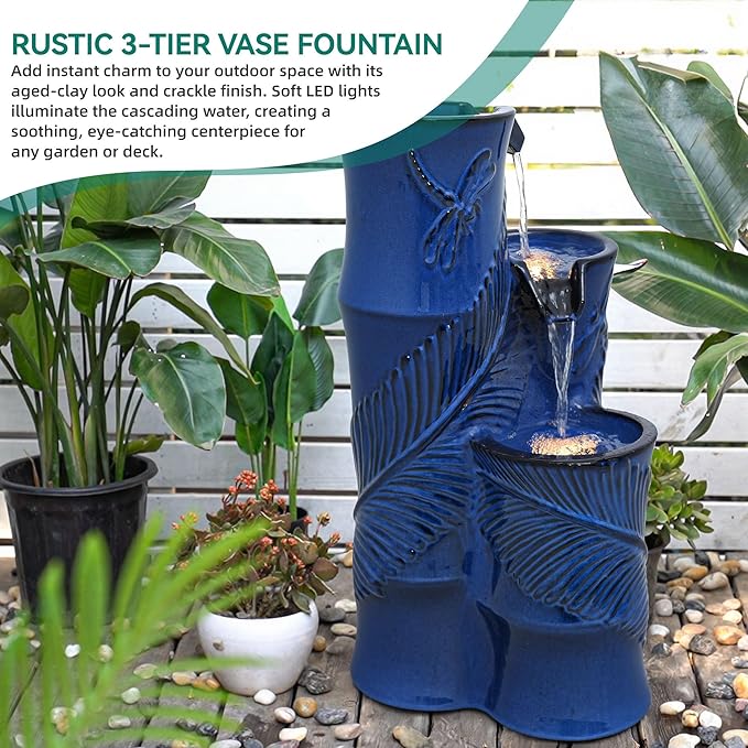 25.5" H Ceramic Outdoor Water Fountain with LED Lights, 3-Tier Bamboo-Style Water Feature with Leaf & Dragonfly Patterns, Soothing Tranquil Waterfall for Garden, Patio & Yard, Cobalt Blue