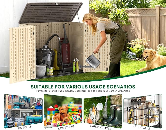 Outdoor Storage Shed, 30 Cu Ft Waterproof Horizontal Resin Storage Cabinet, Weather-Resistant Garden Shed Trash Can Storage with Pad-Lockable Doors for Backyards (Khaki) - Image 5