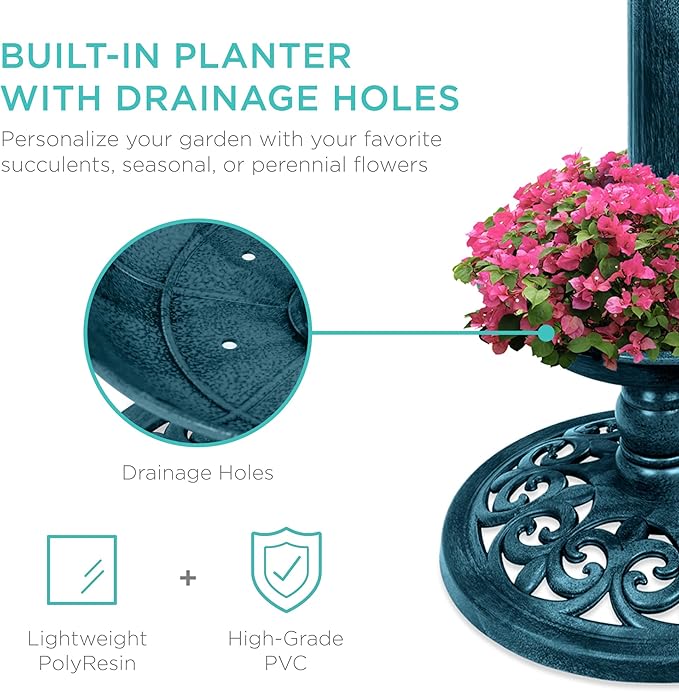 Best Choice Products Outdoor Solar Lighted Pedestal Bird Bath Fountain Decoration w/Planter, Integrated Panel, Scroll Accents for Lawn, Garden - Peacock Blue