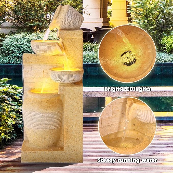 Grepatio Outdoor 4-Tiers Water Fountain, Garden Cascading Waterfalls Fountain with LED Lights, 32"H Modern Indoor/Outdoor Bowl Waterfall Feature Water Fountains for Garden, Patio, Yard Decor (Yellow)