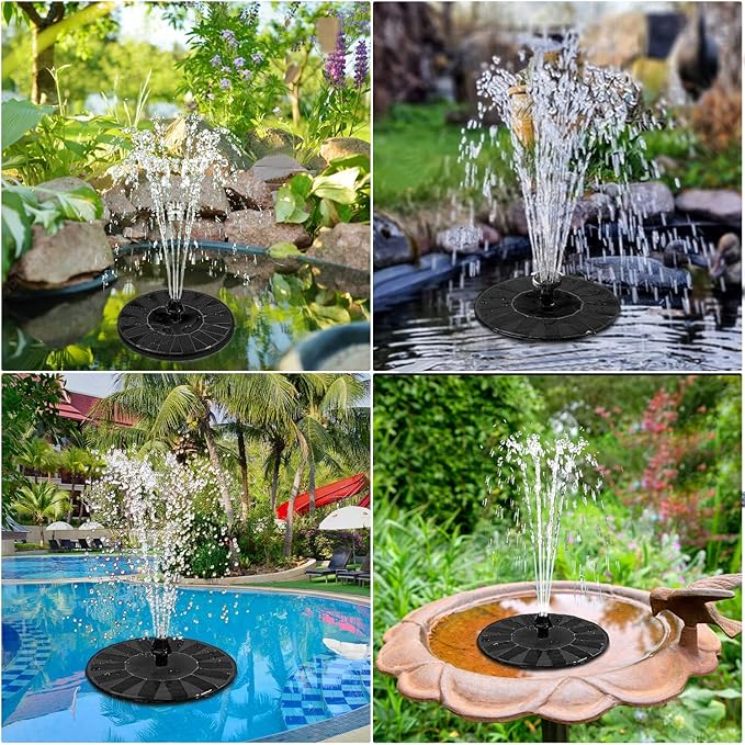 Solar Fountain 100% Glass Covered, Solar Powered Hummingbird Water Fountain, Outdoor Bird Bath Fountain Pump with 8 Nozzles & 4 Fixers for Garden, Pond, Pool, Fish Tank Decoration