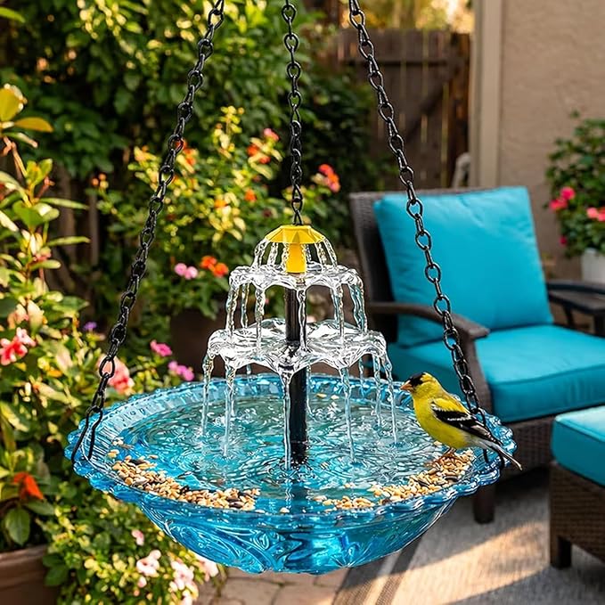 Solar Cascade Hanging Bird Bath Fountain, Solar Birdbath Fountain with Pump, Weatherproof Water Feature to Attract Hummingbirds, Garden Gift Yard Patio Backyard Decoration (Blue)