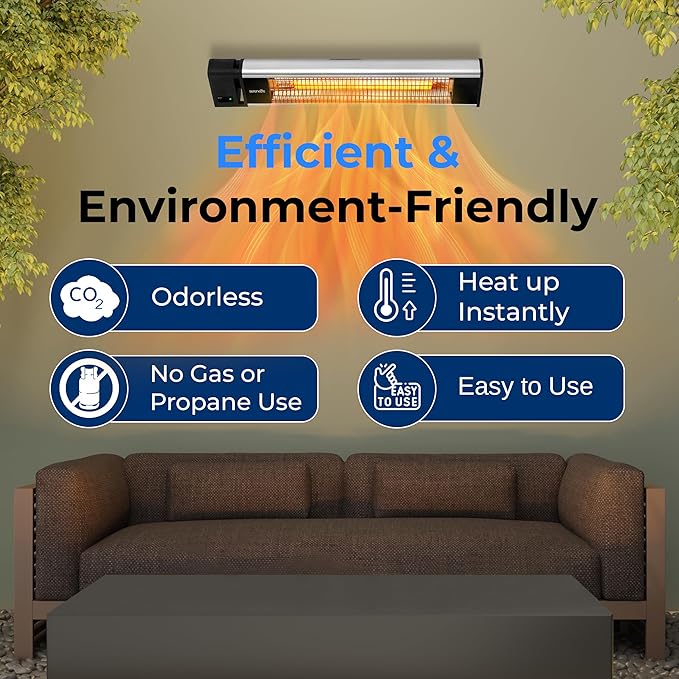 SereneLife Infrared Patio Heater, 1500W, IP65 Approved, Odorless, Wall-Mounted Heater with Remote, Indoor/Outdoor for Patio, Restaurant, Backyard, Garage, Decks