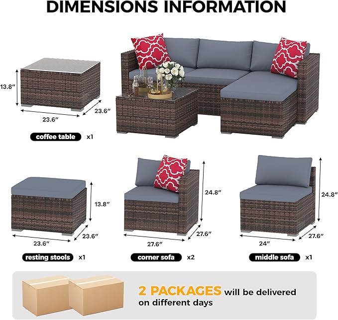 Garvee 5 Pieces Patio Furniture Set, Outdoor Glass Table and Cushions with Rattan Wicker Chairs, Patio Furniture Set for Porch, Balcony, Backyard, Garden, Brown & Grey