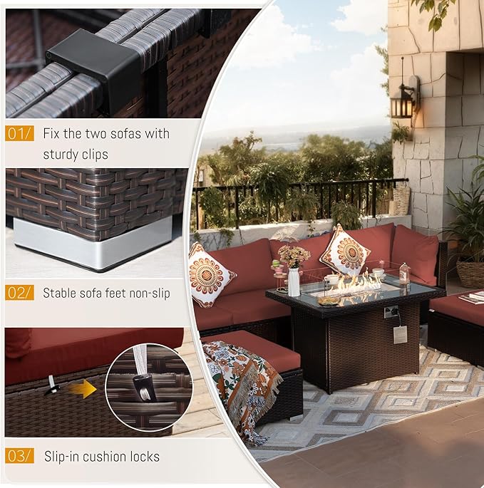 BULEXYARD 11 Piece High Back Outdoor Furniture Set with Firepit, Elegant Patio Conversation Set with Ottoman Modular, Extra Wide Deep 10-Seats Sectional Couch Sofa for Yard, Brown Rattan & Red Cushion