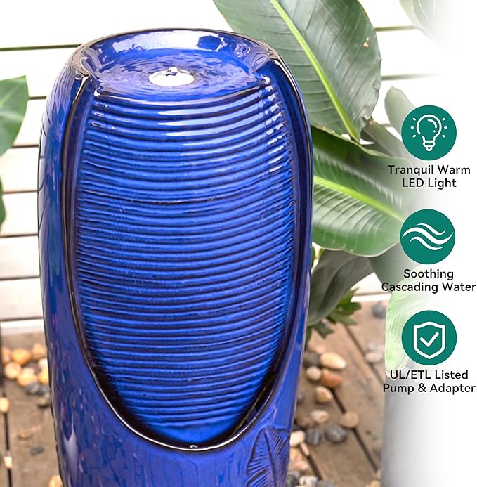 33" H Outdoor Garden Fountain with LED Lights, Modern Ceramic Jar Water Fountain, 3D Tropical Leaf Pattern, Cobalt Blue Glaze, Soothing Cascading Waterfall for Relaxing Patio, Yard, Porch