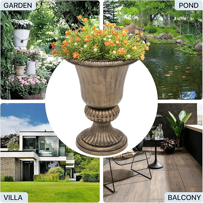 MoNiBloom 20-Inch Plastic Urn Planter Vase Set of 2, for Outdoor Indoor Plants Garden Patio Vintage Decorative Wedding Pedestal Roman Flower Pot Decoration Retro Home Front Porch Door Decor (Brass)