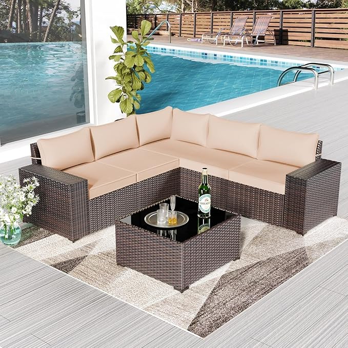 6 PCS Outdoor Patio Furniture Set,Outdoor Sectional Furniture All Weather PE Rattan Wicker Patio Conversation Set with Coffee Table and 5 Thickened Cushions,Sand